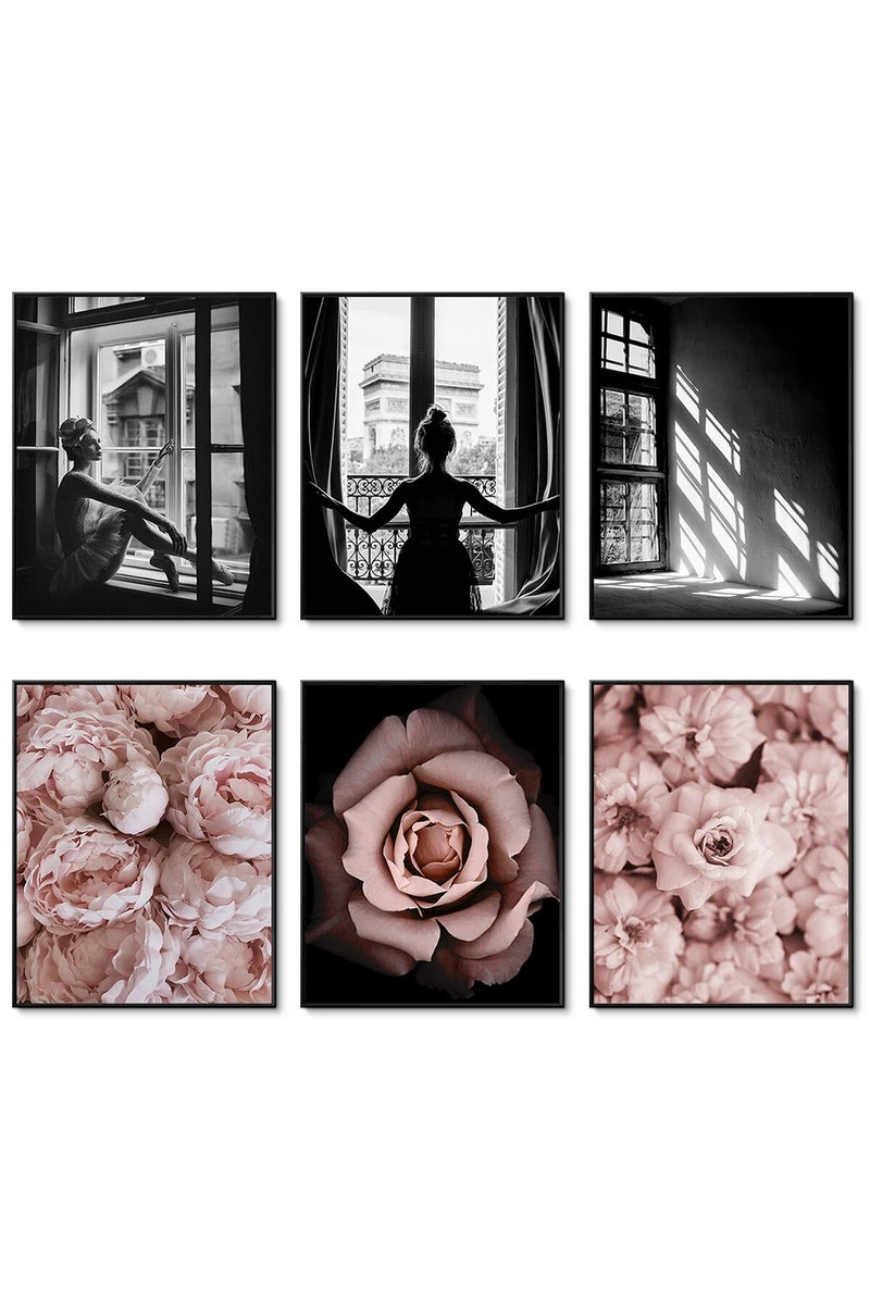 HoozGee Fashion Wall Art Prints Set of 6 Black and White Art Pink Roses Flower Wall Art Floral Trendy Posters Prints Canvas Art Pictures Bedroom Decor for Girls Room Decor (8"x10" UNFRAMED) - Image 1