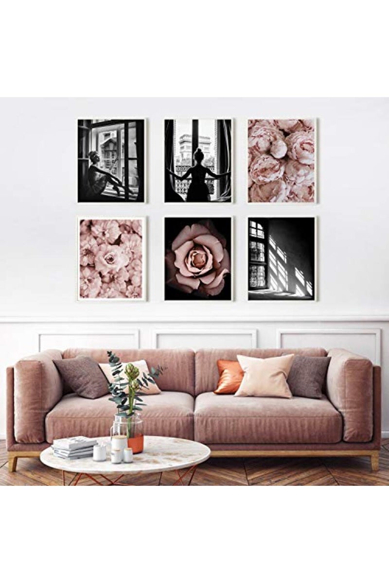 HoozGee Fashion Wall Art Prints Set of 6 Black and White Art Pink Roses Flower Wall Art Floral Trendy Posters Prints Canvas Art Pictures Bedroom Decor for Girls Room Decor (8"x10" UNFRAMED) - Image 2