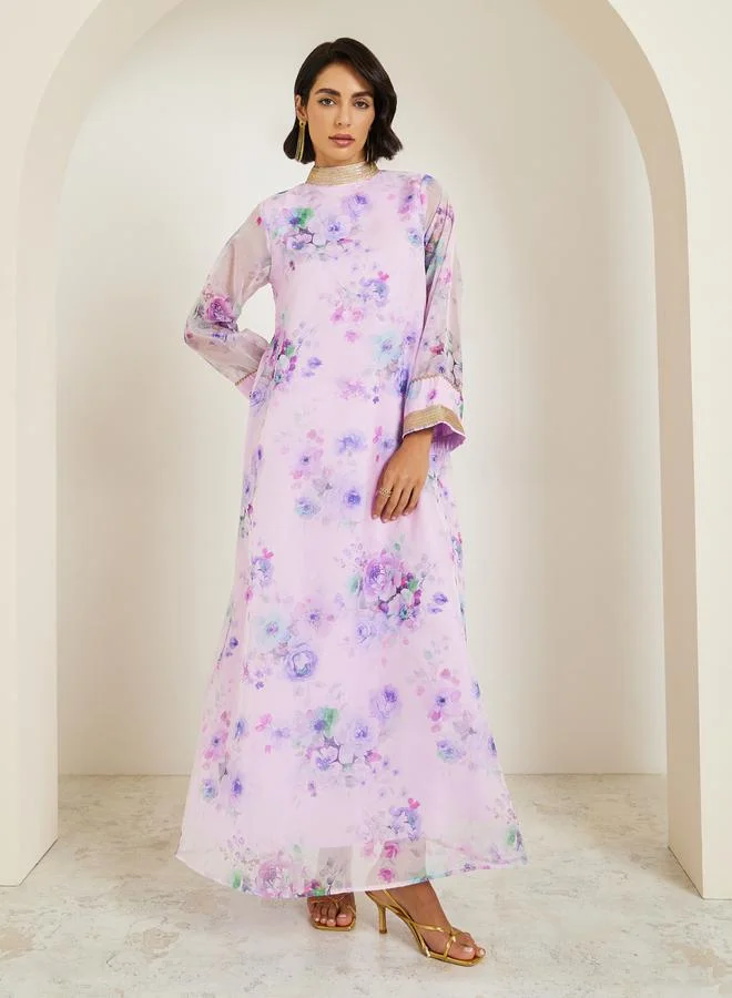 Amirah  Women Lilac Floral Print A-Line Jalabiya for Women | Best Price UAE