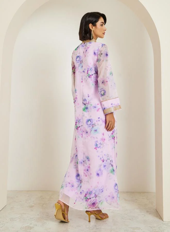 Amirah  Women Lilac Floral Print A-Line Jalabiya for Women | Best Price UAE