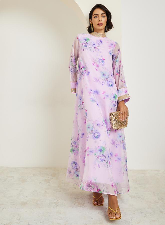 Amirah Women Lilac Floral Print A-Line Jalabiya - Image 1