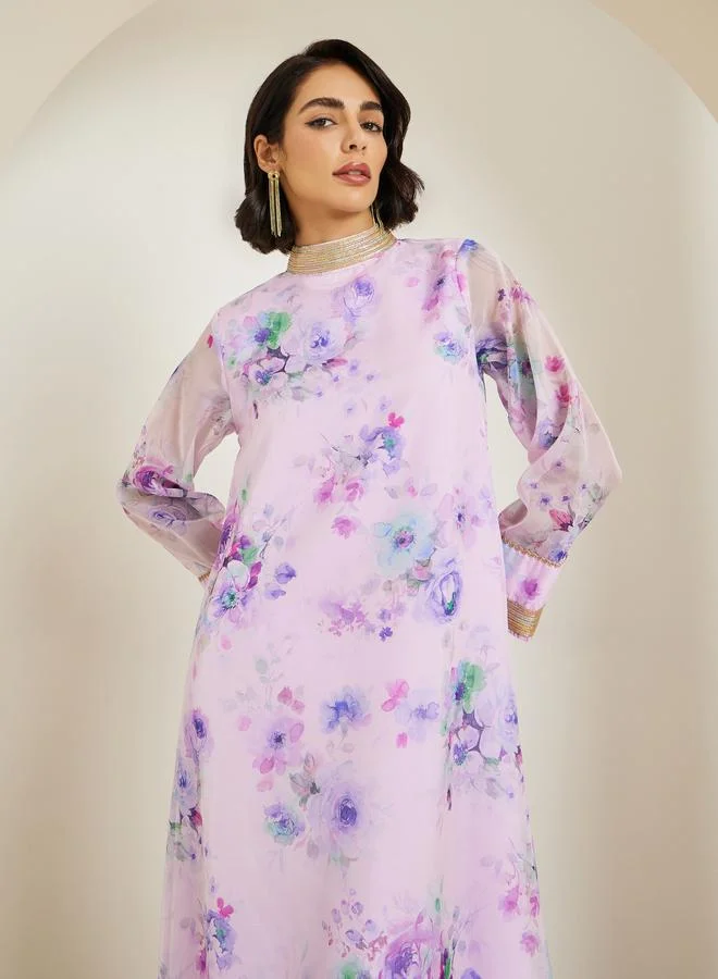 Amirah Women Lilac Floral Print A-Line Jalabiya