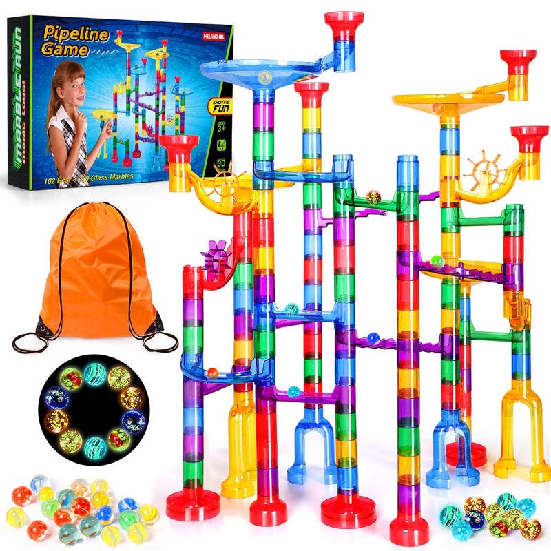 Meland Marble Run - 132Pcs Marble Maze Game Building Toy for Kid, Marble Track Race Set & STEM Learning Toys for Boy Girl Age 3 4 5 6 7 8 9+ (102 Translucent Marbulous Pcs & 30 Glass Marbles) - Image 1