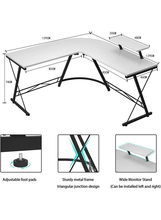 Generic Gaming Desk L Shaped, Computer Corner Desk Home Office Desk Table with Large Monitor Shelf, Study Writing Desk Workstation White 129 x 46 x 74 cm - Image 3