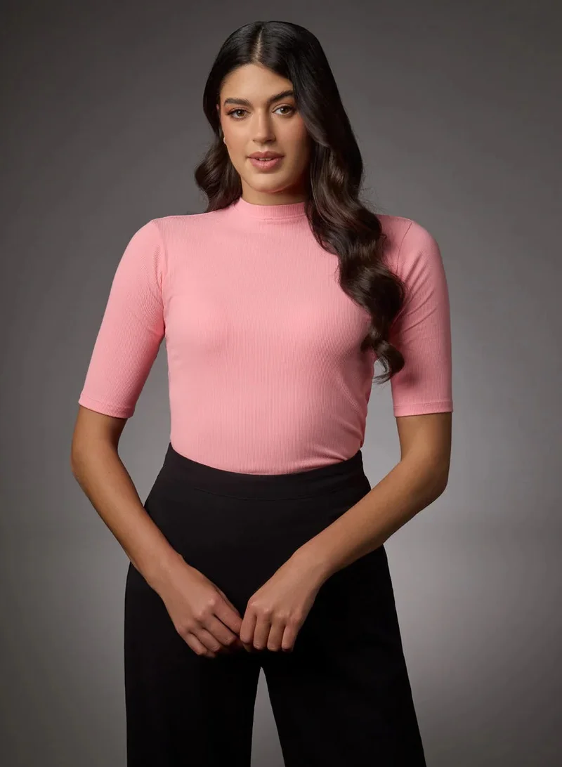 Zigzag Short Sleeve High Neck Rib Top- Peach Pink