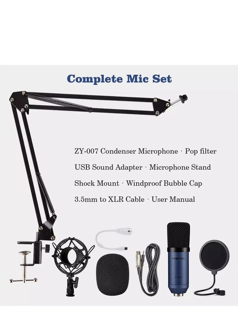 ZY-007 Condenser Microphone + TechRise Sound Card Bundle for Studio Recording & Brocasting