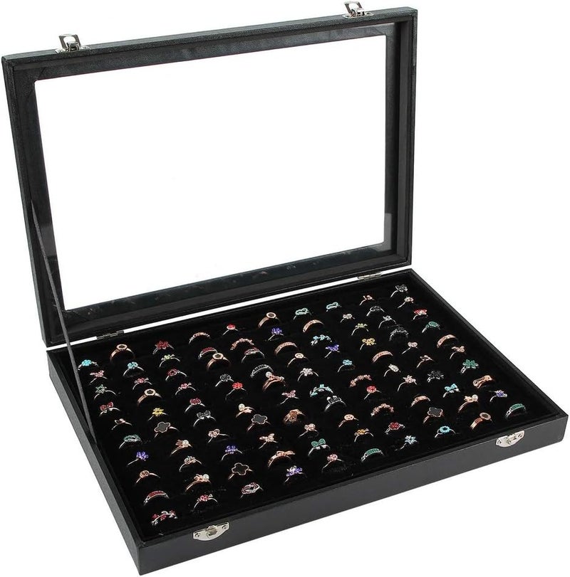 Siveit Ring Display Case Organizer Box with Transparent Lid, Ring Holder Showcase For Store Display Jewelry Show Home, Ring Organizer For Jewelry Rings, Studs Earrings (100 Slot, Black) - Image 1