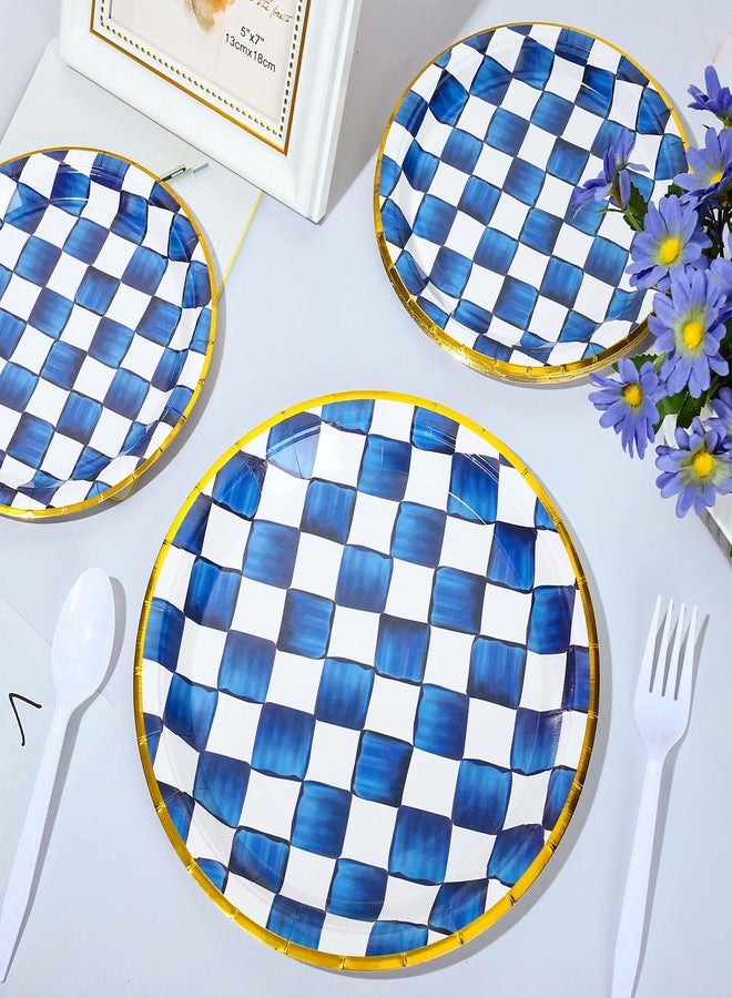 JarThenaAMCS 48Pcs Blue White Plaid Tableware Set Royal Blue Checkered Paper Plates 7 & 9 Inch Gold Foil Border Disposable Plates for Wedding Birthday Holiday Party Supplies - Image 3