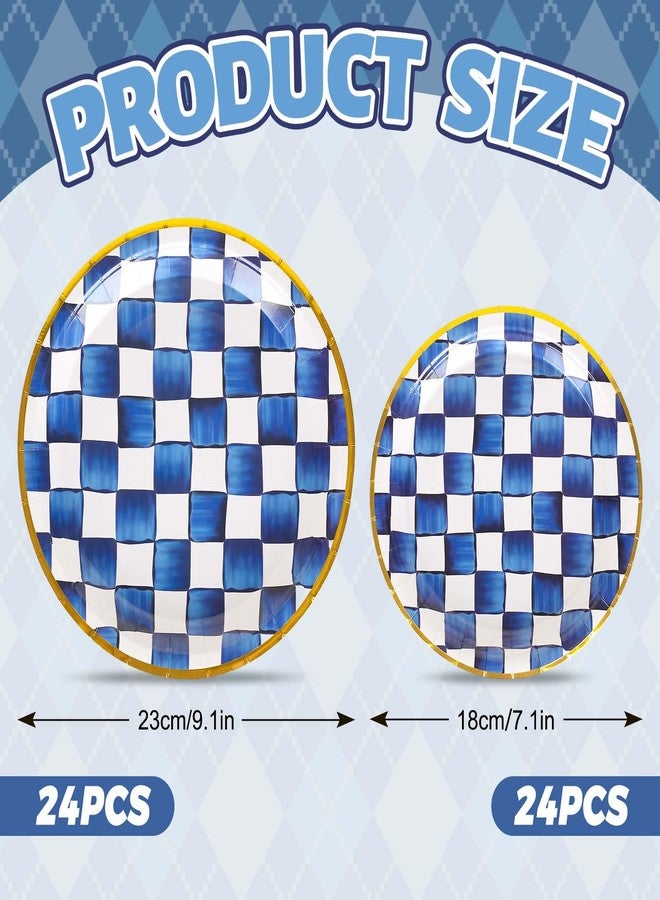 JarThenaAMCS 48Pcs Blue White Plaid Tableware Set Royal Blue Checkered Paper Plates 7 & 9 Inch Gold Foil Border Disposable Plates for Wedding Birthday Holiday Party Supplies - Image 2