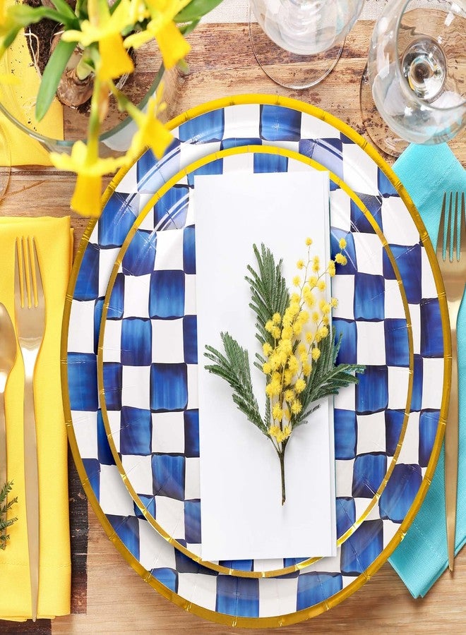 JarThenaAMCS 48Pcs Blue White Plaid Tableware Set Royal Blue Checkered Paper Plates 7 & 9 Inch Gold Foil Border Disposable Plates for Wedding Birthday Holiday Party Supplies - Image 4