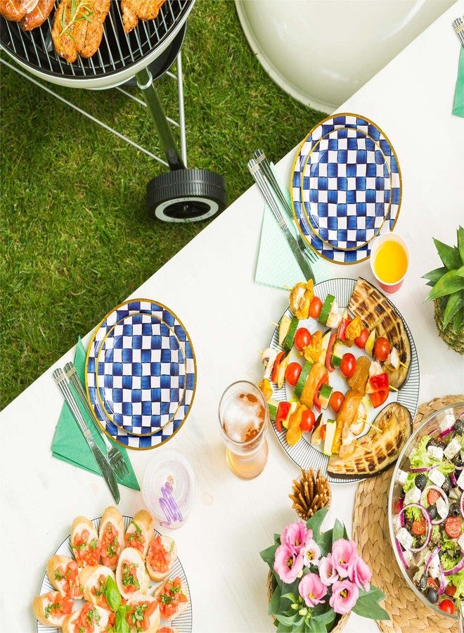 JarThenaAMCS 48Pcs Blue White Plaid Tableware Set Royal Blue Checkered Paper Plates 7 & 9 Inch Gold Foil Border Disposable Plates for Wedding Birthday Holiday Party Supplies - Image 5