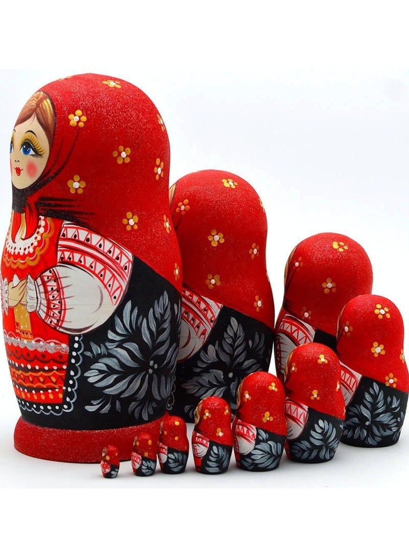 مجموعة دمى التعشيش الروسية الخشبية ماتريوشكا المكونة من 10 قطع مصنوعة يدويًا للأطفال والكبار وعيد الفصح وعيد الأم وأعياد الميلاد والكريسماس وعيد الهالوين وديكور غرفة المنزل هدية (أحمر) - Image 3