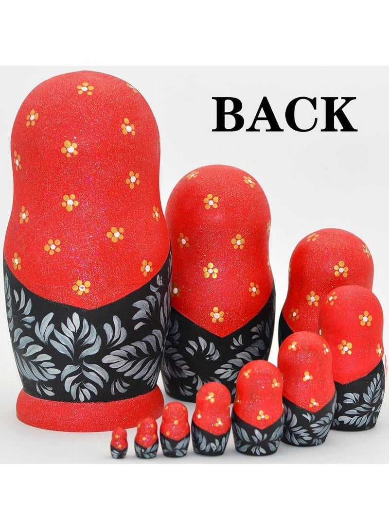 مجموعة دمى التعشيش الروسية الخشبية ماتريوشكا المكونة من 10 قطع مصنوعة يدويًا للأطفال والكبار وعيد الفصح وعيد الأم وأعياد الميلاد والكريسماس وعيد الهالوين وديكور غرفة المنزل هدية (أحمر) - Image 4