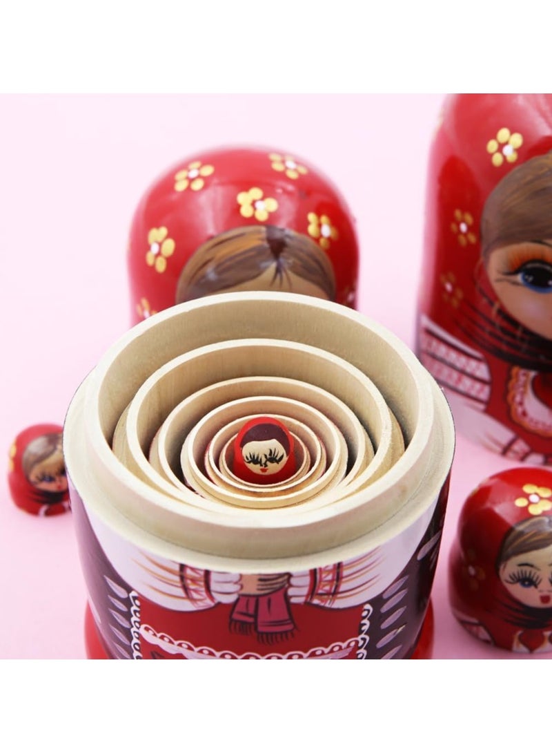 مجموعة دمى التعشيش الروسية الخشبية ماتريوشكا المكونة من 10 قطع مصنوعة يدويًا للأطفال والكبار وعيد الفصح وعيد الأم وأعياد الميلاد والكريسماس وعيد الهالوين وديكور غرفة المنزل هدية (أحمر) - Image 5