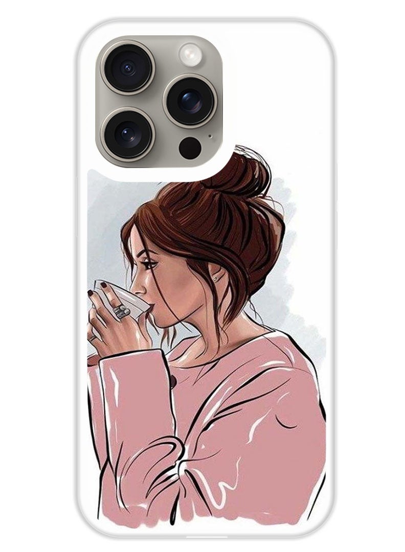 Theodor Protective Case Cover For APPLE IPHONE 15 Pro Max Girl Drinking Coffee 1 (White Bumper) - Image 1