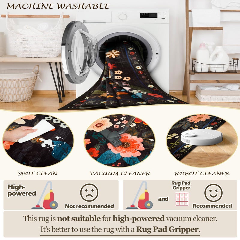 RELEANY Floral Nursery 8x10 Area Rugs Washable Print Boho Cute Carpet Non Slip Flower Low Pile for Living Room Kids Girls Playroom Bedroom Kitchen Office Farmhouse-Black - Image 5