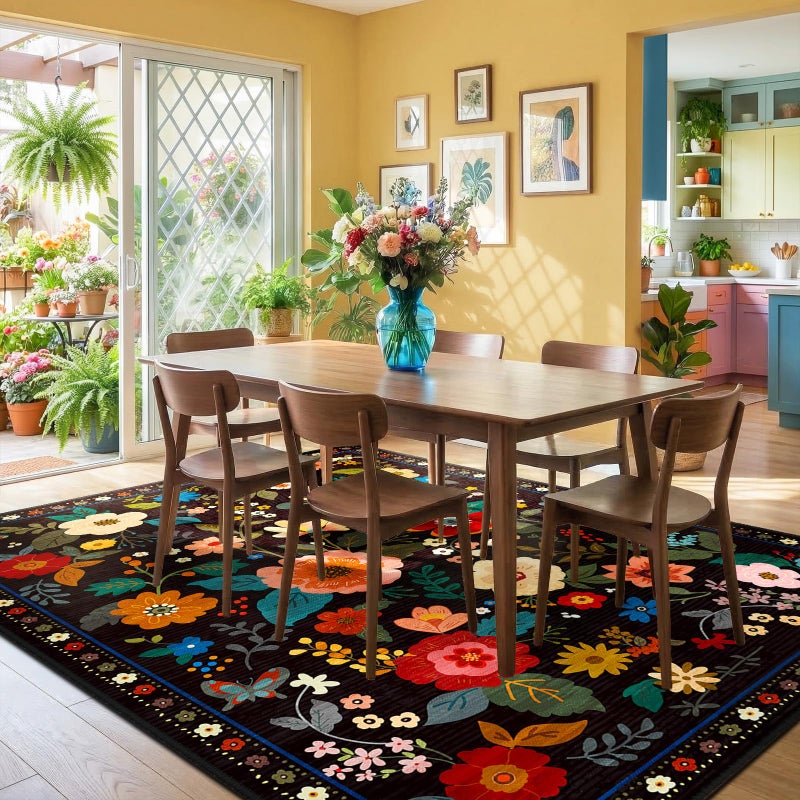 RELEANY Floral Nursery 8x10 Area Rugs Washable Print Boho Cute Carpet Non Slip Flower Low Pile for Living Room Kids Girls Playroom Bedroom Kitchen Office Farmhouse-Black - Image 2