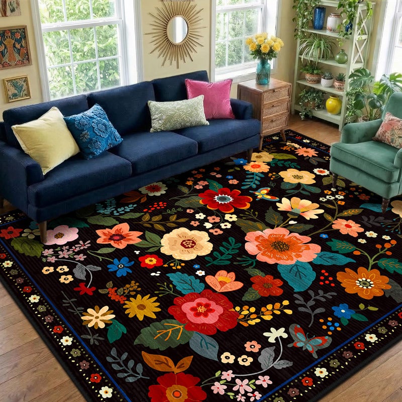 RELEANY Floral Nursery 8x10 Area Rugs Washable Print Boho Cute Carpet Non Slip Flower Low Pile for Living Room Kids Girls Playroom Bedroom Kitchen Office Farmhouse-Black - Image 1