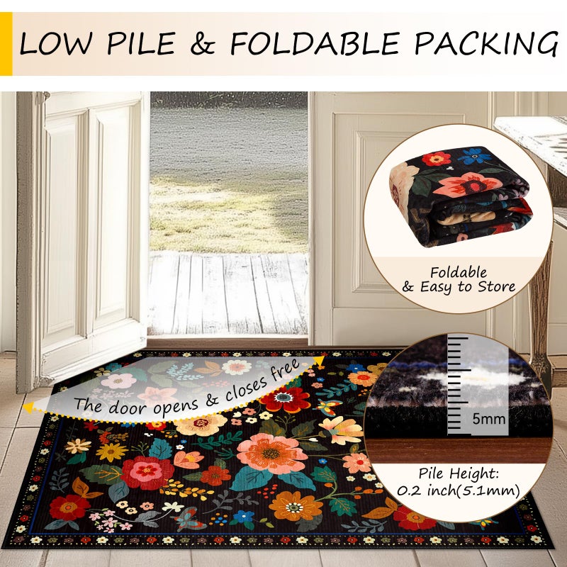 RELEANY Floral Nursery 8x10 Area Rugs Washable Print Boho Cute Carpet Non Slip Flower Low Pile for Living Room Kids Girls Playroom Bedroom Kitchen Office Farmhouse-Black - Image 4