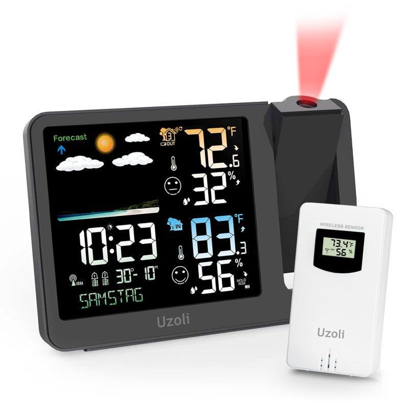 uzoli Projection Alarm Clock Weather Station WWVB Atomic Projector Clock with Sensor Adjustable Backlight Indoor Outdoor Temperature Humidity Digital Projection Clock for Bedroom Ceiling