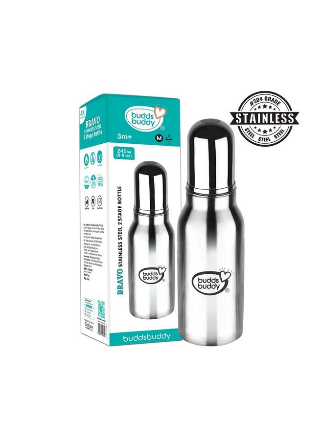 BuddsBuddy 2 In 1 Bravo Regular Neck New Baby Feeding Bottle Made With High Grade Stainless Steel; Rust Free Feeding Bottle With Nipple ; Leak Proof Baby Bottle ; With Extra Sipper Spout ; 240 Ml - Image 4