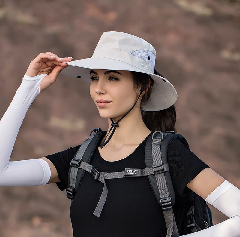 Pogah Women's Summer Sun-Hat Ponytail - Outdoor UV-Protection Mesh Wide Brim Foldable Hat with Ponytail Hole (Beige, 7 1/4) - Image 3