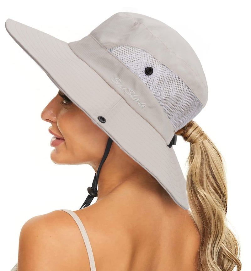 Pogah Women's Summer Sun-Hat Ponytail - Outdoor UV-Protection Mesh Wide Brim Foldable Hat with Ponytail Hole (Beige, 7 1/4) - Image 1