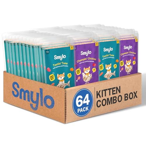 Smylo Natural Healthy Kitten Wet Food (2-12 Months) 70g x 64 Packs | Variety Combo of Tuna & Salmon and Chicken & Liver Recipes | Grain Free, No Preservatives & By-Products | Vet-Formulated - Image 1