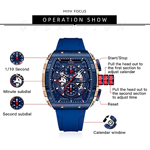 MF MINI FOCUS Men's Watch Fashion Tonneau Wrist Watches (Chronograph/Waterproof/Luminous/Calendar) Silicon Strap Quartz Watches for Men (Black & Golden) - Image 5