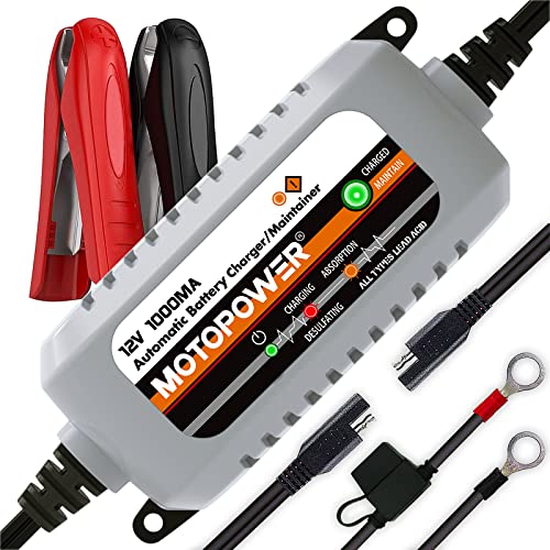 MOTOPOWER MP00205B 12V 1000mA Automatic Battery Charger Battery Maintainer Trickle Charger and Battery Desulfator with Timer Protection Grey - Image 1