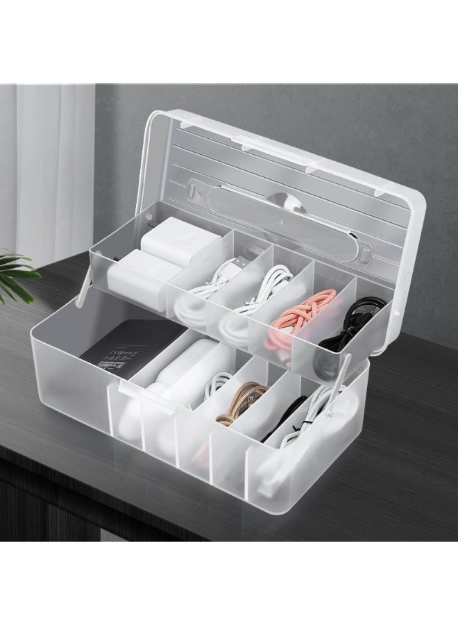 11-Compartment Cord Organizer Box, Large Frosted Clear Cable Storage Case with Lid, Dustproof Electronic Accessory Organizer for Home and Office (Fits 15+ Chargers and Cables)