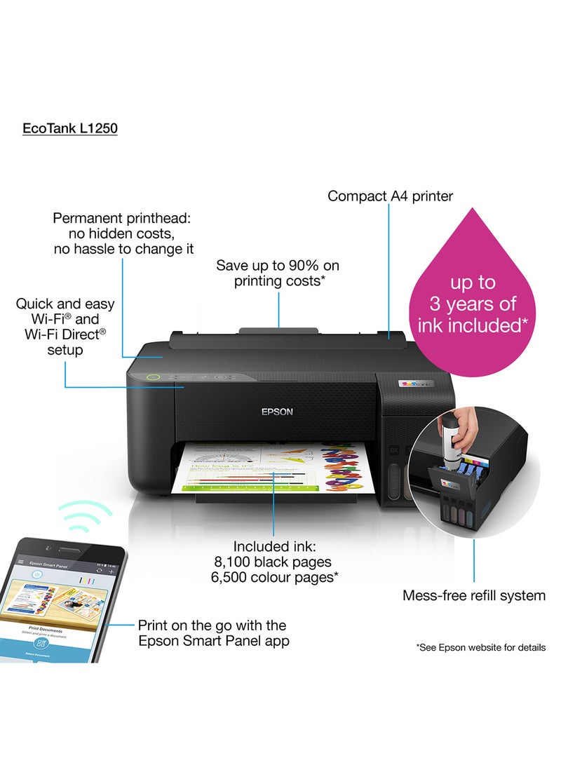 EPSON Ecotank L1250 Home Ink Tank A4 Printer With Wifi And Smartpanel App Connectivity Black - Image 3
