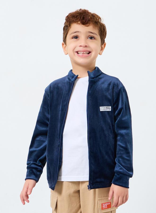 Styli Boys Navy Velvet Zip-Up Jacket with Badge Detail - Image 1