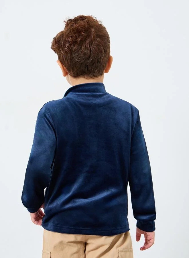 Styli Styli Boys Navy Velvet Zip-Up Jacket with Badge Detail