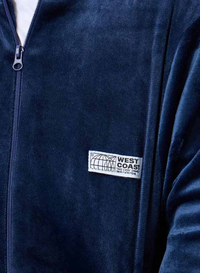 Styli Styli Boys Navy Velvet Zip-Up Jacket with Badge Detail