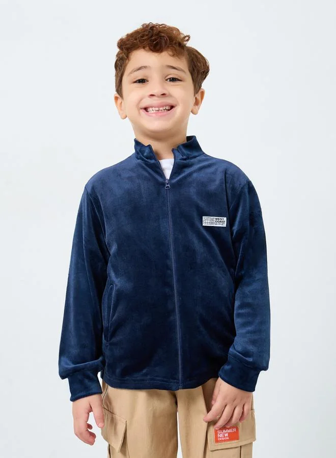 Styli Styli Boys Navy Velvet Zip-Up Jacket with Badge Detail