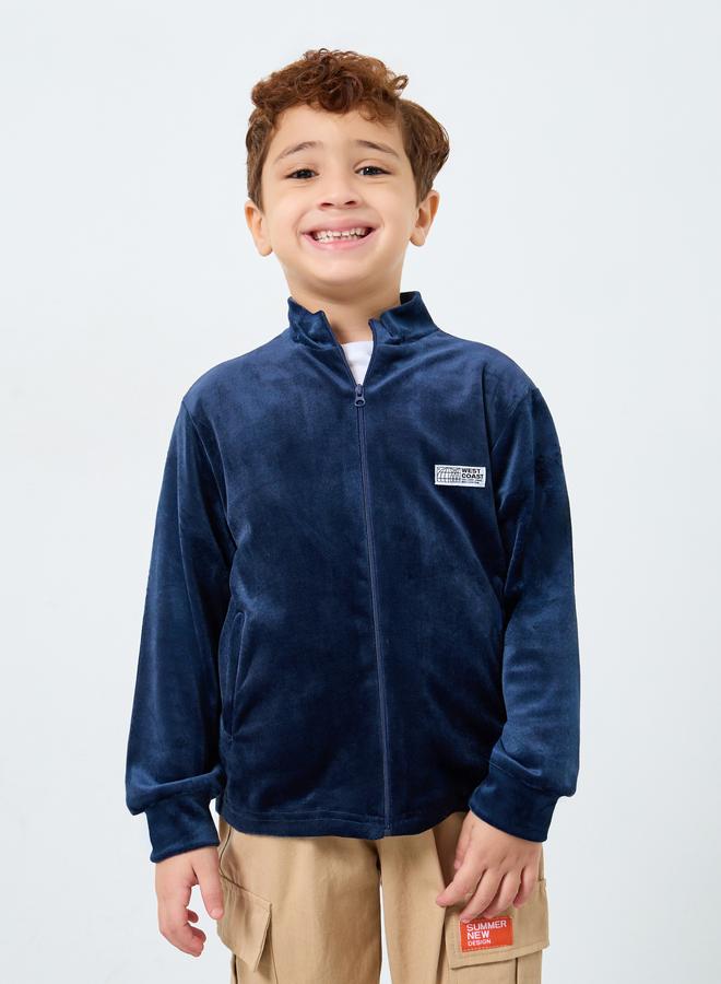 Styli Boys Navy Velvet Zip-Up Jacket with Badge Detail - Image 4