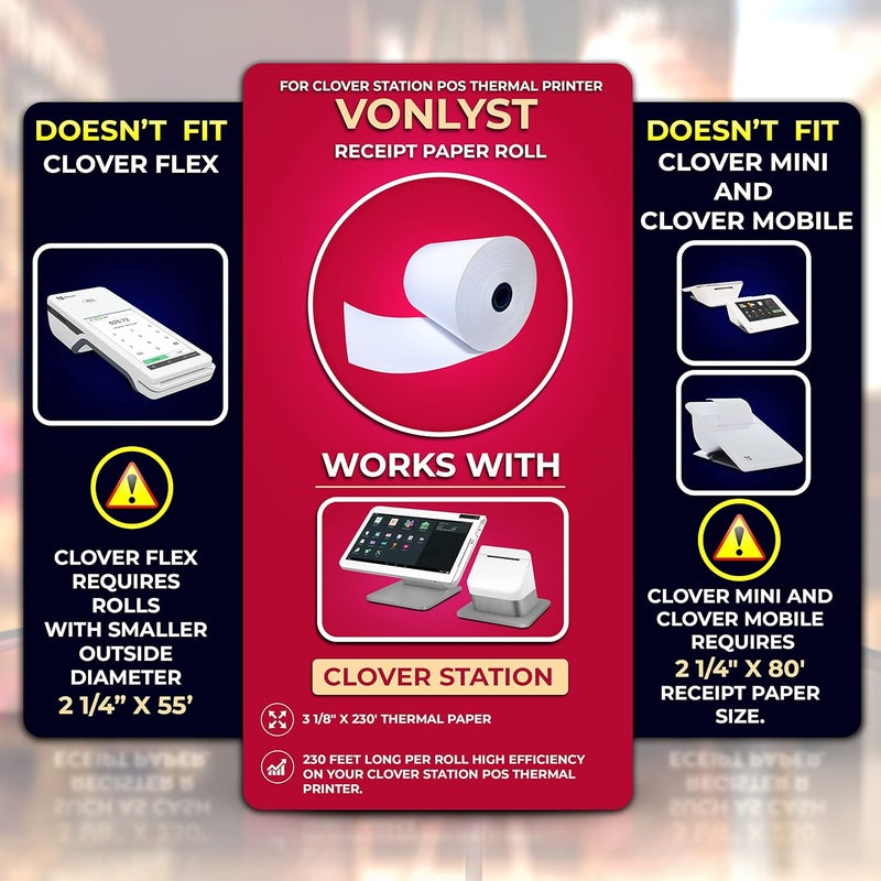 Vonlyst Thermal Receipt Paper Rolls 3 1/8" x 230' for Clover Station (06 rolls) - Image 2