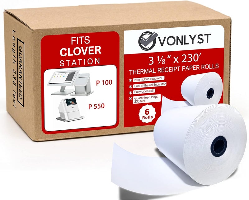 Vonlyst Thermal Receipt Paper Rolls 3 1/8" x 230' for Clover Station (06 rolls) - Image 1