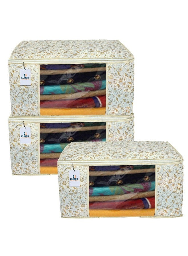 Kuber Industries Foldable saree covers with Zip|Non Woven Clothes Organiser for wardrobe |Metalic Print With Transparent Window|Suitable for Lehenga, Suit, Dress|Pack Of 3 (Brown & Cream) - Image 1