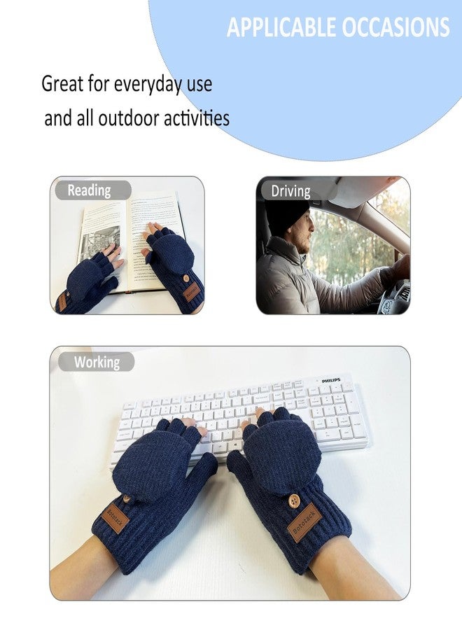 Bototack Winter Knitted Fingerless Gloves Mittens for Women, Navy, One size - Image 3