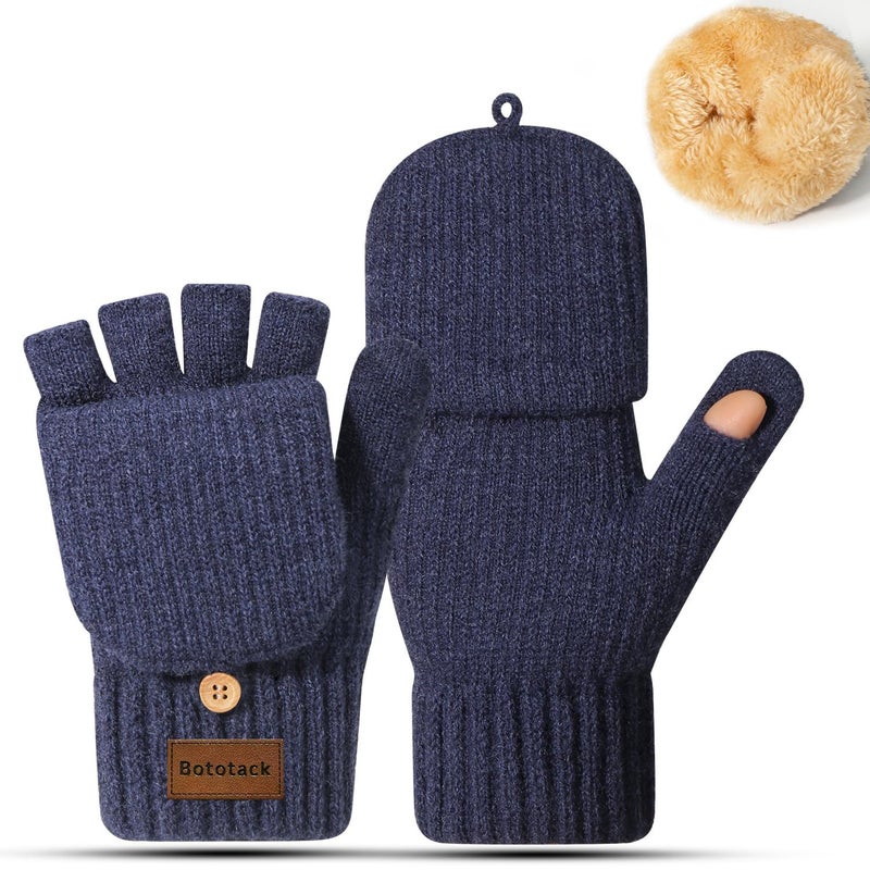 Bototack Winter Knitted Fingerless Gloves Mittens for Women, Navy, One size - Image 1
