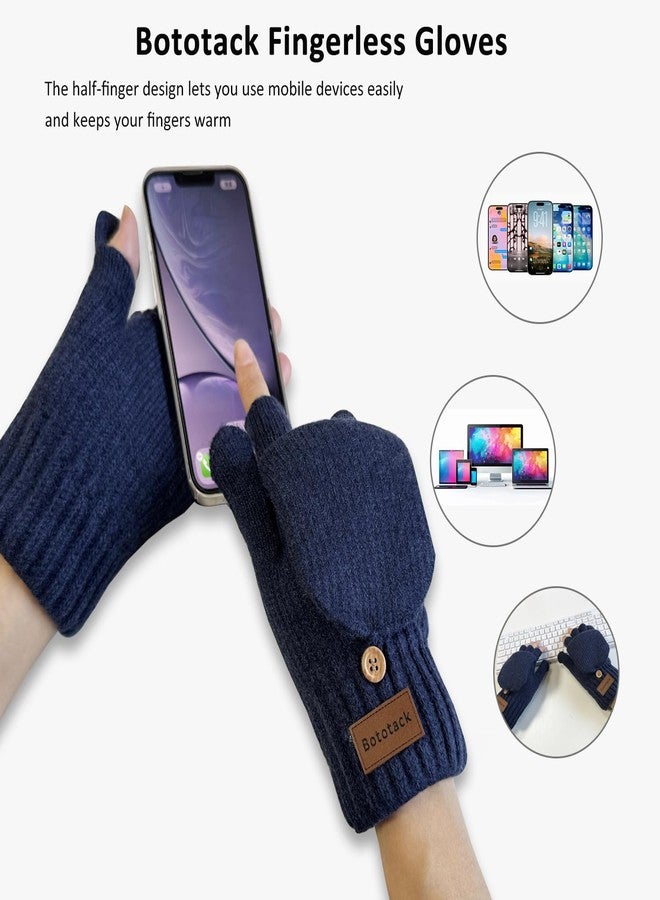 Bototack Winter Knitted Fingerless Gloves Mittens for Women, Navy, One size - Image 2