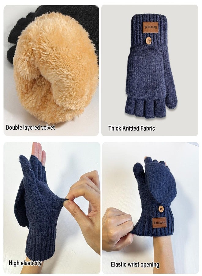 Bototack Winter Knitted Fingerless Gloves Mittens for Women, Navy, One size - Image 5