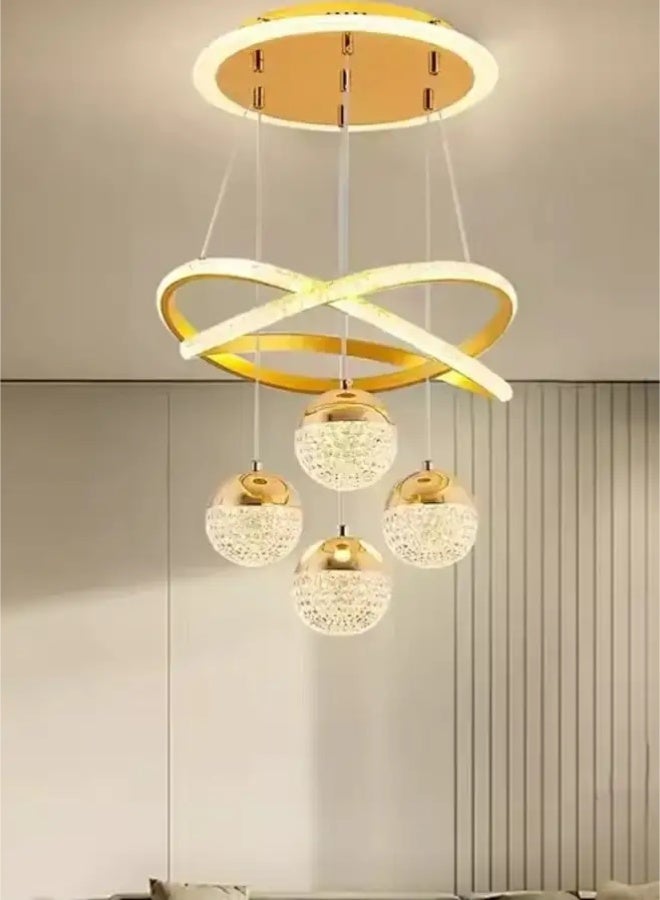 Modern and luxurios chandelier, LED chandelier with 3 lighting colors, golden pendant lamp with balls LED cross-shaped rings, indoor golden lighting with remote control - Image 4