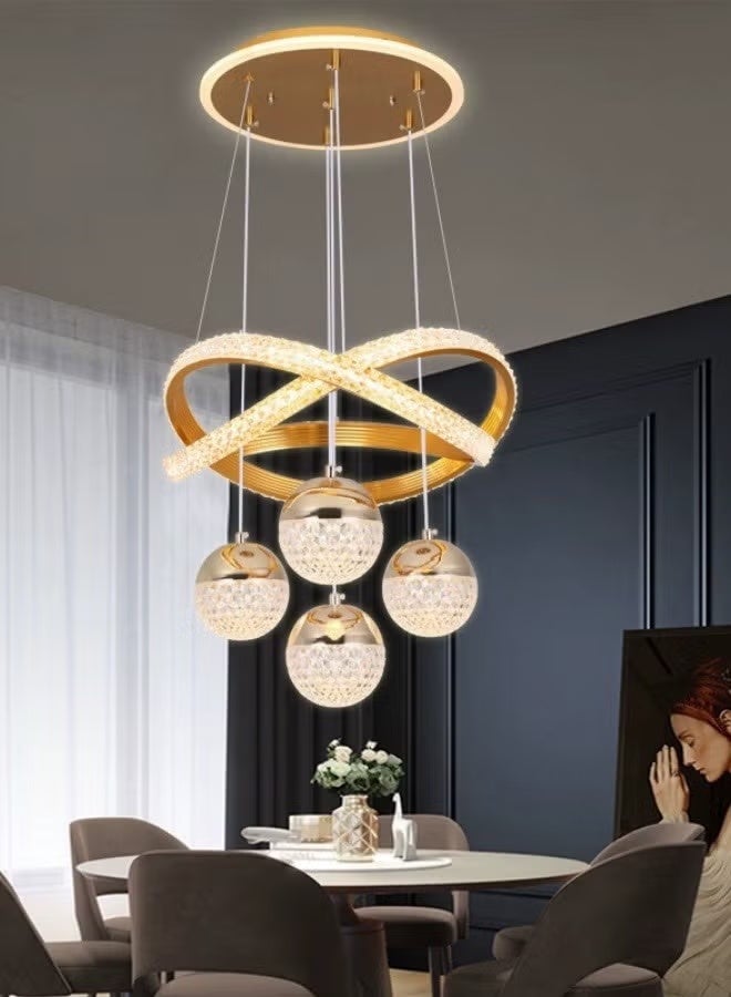 Sumkyle Modern and luxurios chandelier, LED chandelier with 3 lighting colors, golden pendant lamp with balls LED cross-shaped rings, indoor golden lighting - Image 1