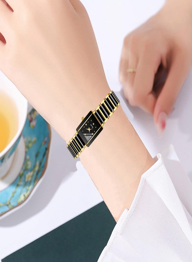 BESTKANG Vintage Square Ceramic Ladies Quartz Watch with Diamond Accents, Waterproof, Elegant Women's Wrist Watch, Black Gold, fashion - Image 3