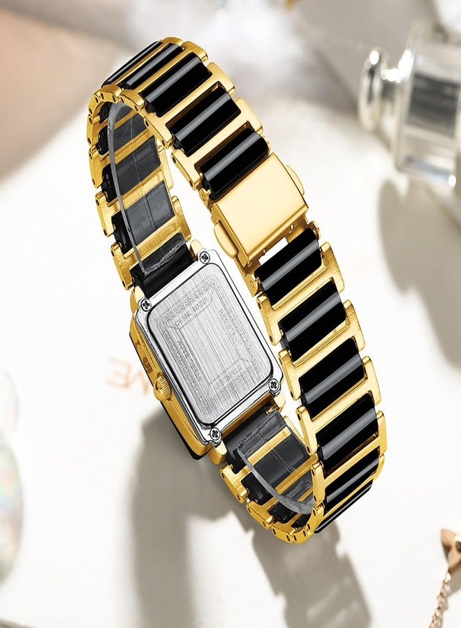 BESTKANG Vintage Square Ceramic Ladies Quartz Watch with Diamond Accents, Waterproof, Elegant Women's Wrist Watch, Black Gold, fashion - Image 2