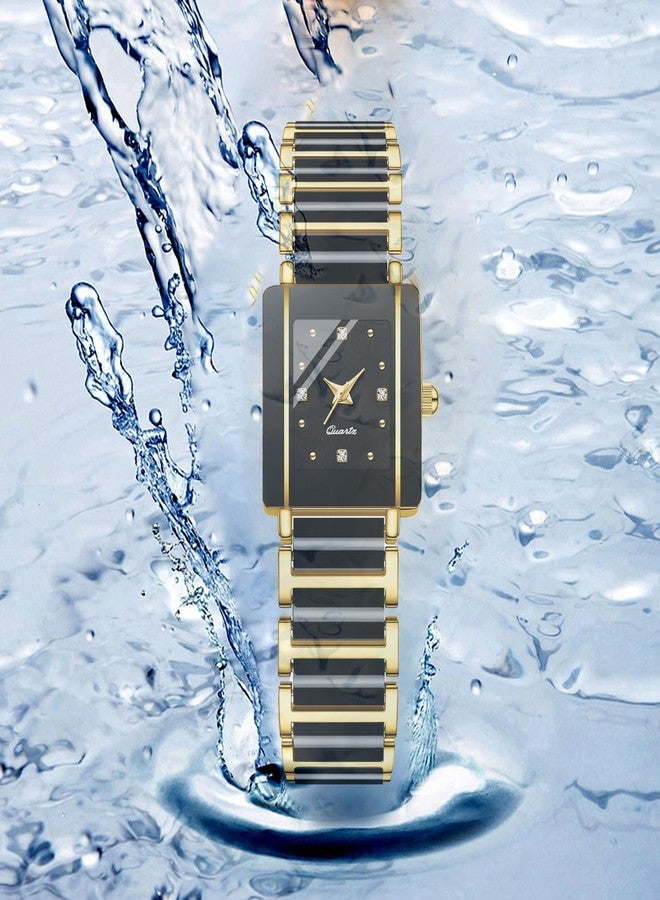 BESTKANG Vintage Square Ceramic Ladies Quartz Watch with Diamond Accents, Waterproof, Elegant Women's Wrist Watch, Black Gold, fashion - Image 4