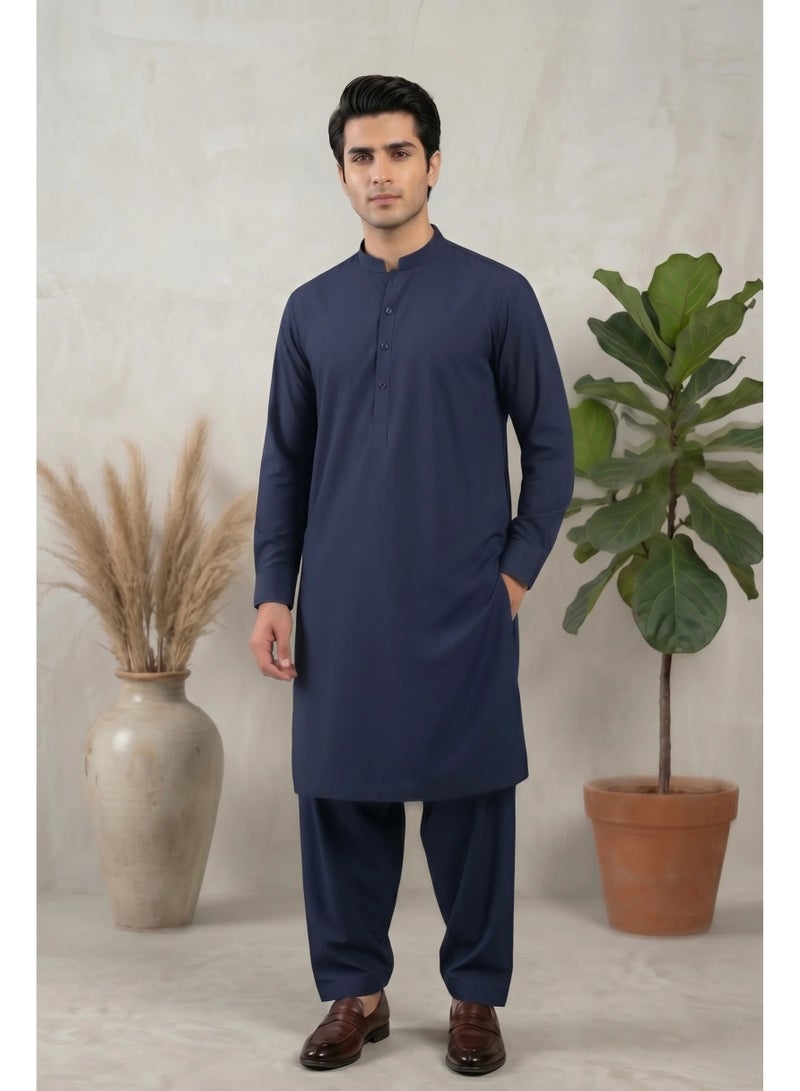 AG Collective Navy Blue Pathani Kurta/Kameez With Shalwar For Men - Image 3